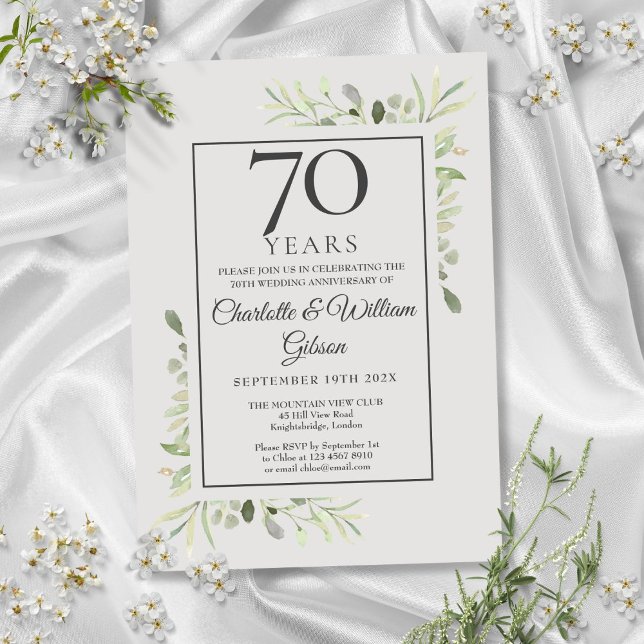 Convite 70 Casamento Aniversário Aquarela Verde (70th Wedding Anniversary Watercolour Greenery Invitation)