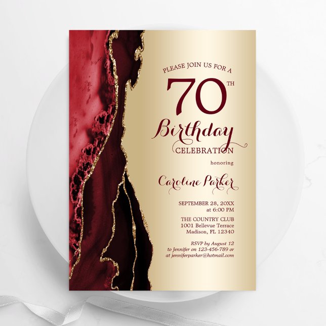 Convite 70 de aniversário da Elegante Dourada Burgundy Ver (Criador carregado)