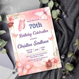 Convite 70 de aniversário de borboleta floral rosa elegant