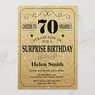 Convite 70 de Aniversário de Surpresa Preto e Brilhante D