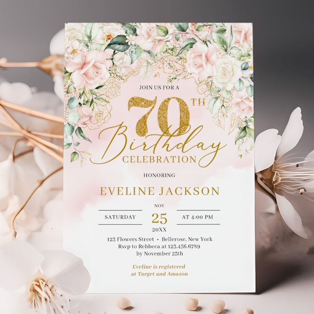 Convite 70 de aniversário do Dourado número de rosas rosa- (Chic elegant soft pink roses greenery and gold 70th birthday invitation digital)