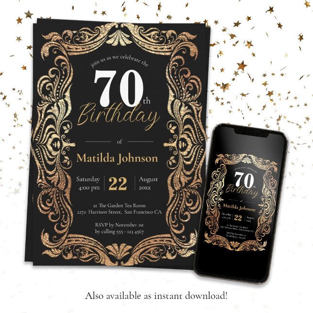 Convite 70 de Aniversário Dourado Elegante de Boho Negro (Glamorous 70th Birthday Gold Black Boho Elegant Invitation)