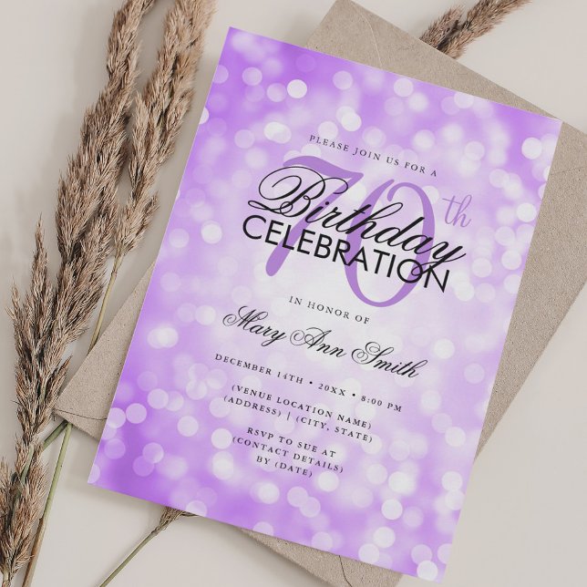 Convite 70 de Aniversário Elegante Glam Purple Shimmer Lig (Elegant 70th Birthday Glam Purple Shimmer Light Invitation)
