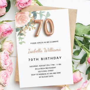 Convite 70 de aniversário rosa de ouro floral eucalipto ve