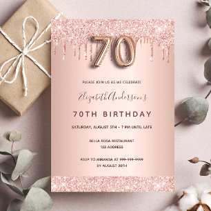 Convite 70 de aniversário rosa dourado brilho rosa