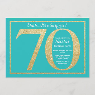 Convite 70 de Aniversário Surpresa Teal e Glitter Dourado