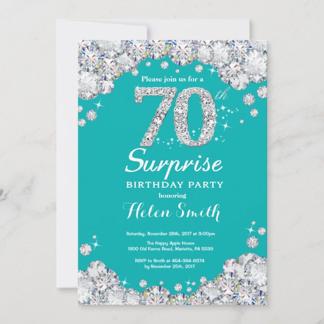 Convite 70 de Aniversário Surpresa Teal e Silver Diamond (Frente)