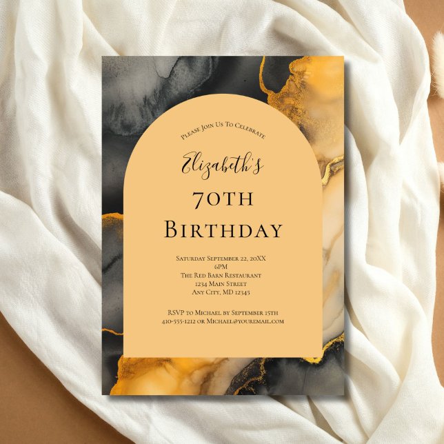 Convite 70 De Arca De Álcool Dourado Preto Aniversário Par (Black Gold Alcohol Ink 70th birthday ( or any year ) arch invitation. Printed or Digital)