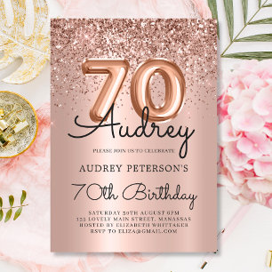 Convite 70 de Balão de Glitter Glitter rosa Dourado Aniver