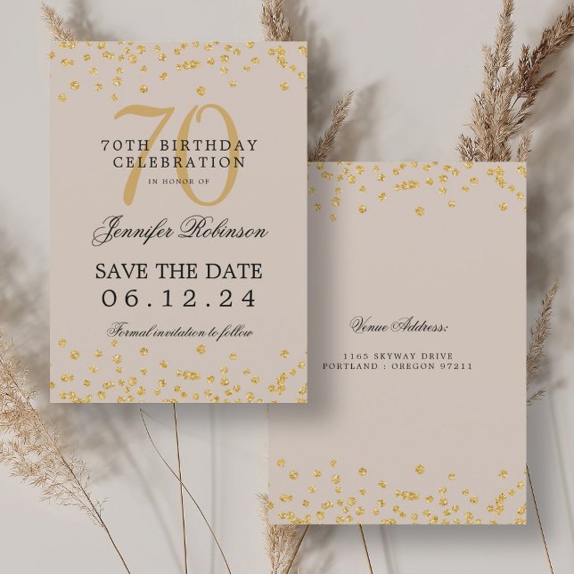 Convite 70 de Champanhe Dourado - Data de Salvamento de An (Gold Champagne 70th Birthday Save Date Confetti Invitation)