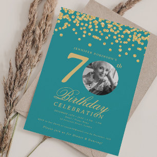 Convite 70 de Foto Elegante Turquesa Dourada de Aniversári