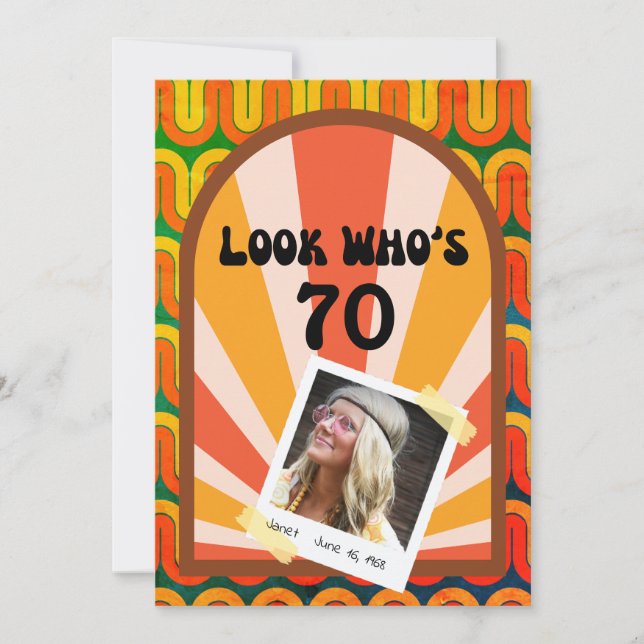 Convite 70 de Foto Retro Hippie Psychedelic 60's Birthday (Frente)