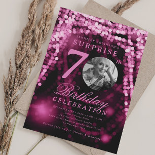 Convite 70 de Foto SURPRESA Luzes de Glam Rosa de Aniversá