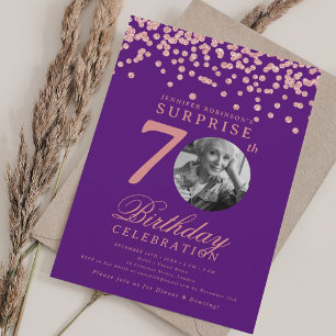 Convite 70 de Foto SURPRESA Rosa Roxo Dourado de Aniversár