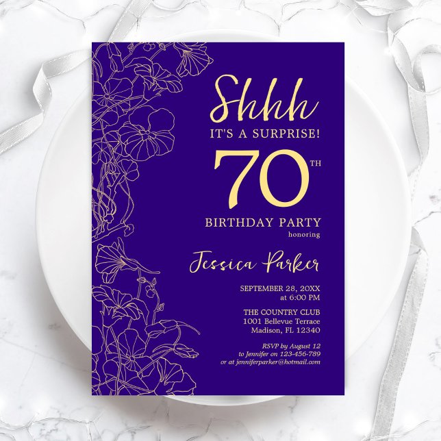 Convite 70 de Surpresa Dourada Roxa Aniversário (Criador carregado)