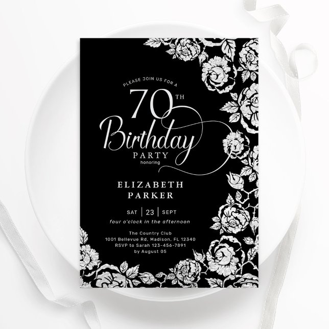 Convite 70 Elegante Rosas de Prata Negra de Aniversário (Criador carregado)