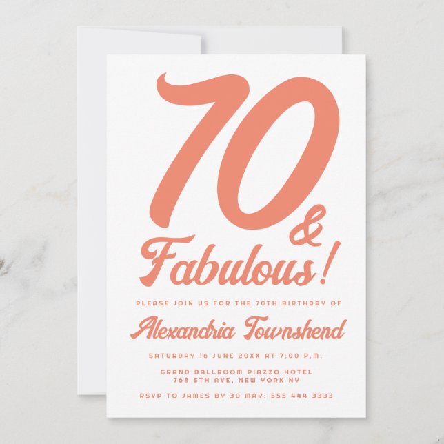 Convite 70 & Fabuloso Laranja Script Aniversário de 70 ano (Frente)