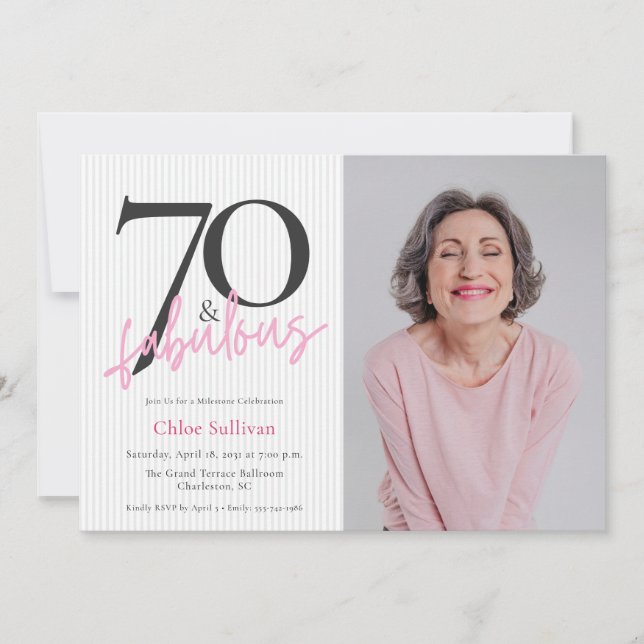 Convite 70 & Fabulous Photo Pink Script Birthday Party (Frente)