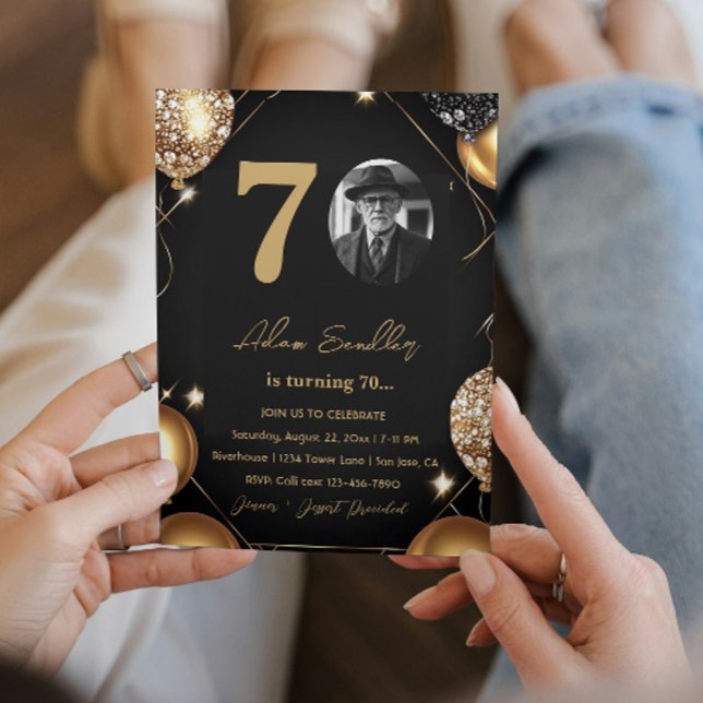Convite 70 festa de aniversário com balões e brilho (Criador carregado)