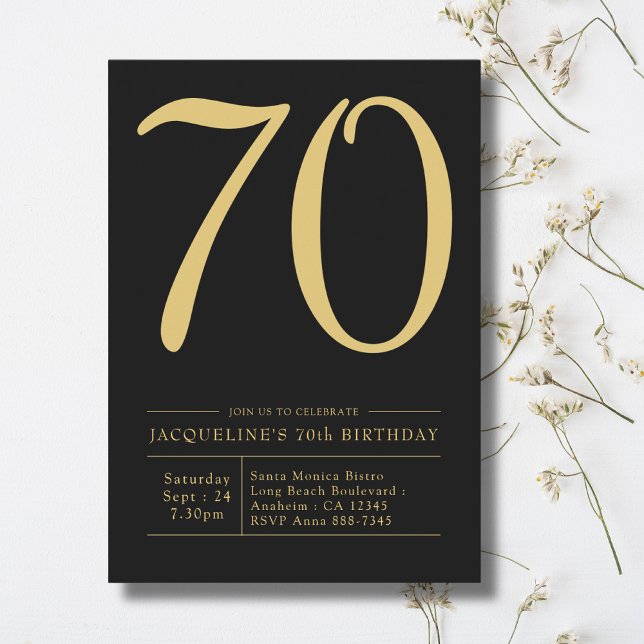 Convite 70 Festa de aniversário Negrito 70 Preto Dourado (70th birthday invitation. Bold black and gold party invites on a light background)