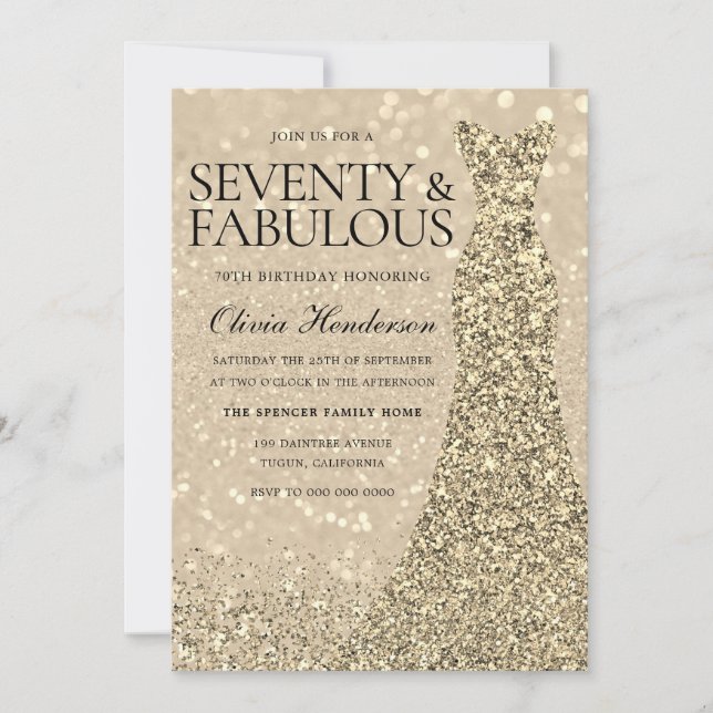 Convite 70 Festa de aniversário Sparkle de mulheres Dourad (Frente)