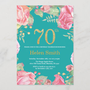 Convite 70 Floral Aniversário Dourado Glitter e Teal