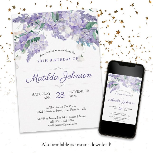Convite 70 Floral Aniversário Purple Watercolor Elegante (Floral 70th Birthday Purple Watercolor Elegant Invitation)