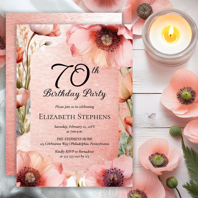 Convite 70 Floral das Populações Rosa Elegante (Elegant Pink Poppies Floral 70th Birthday Party Invitation - Print | Digital Download)