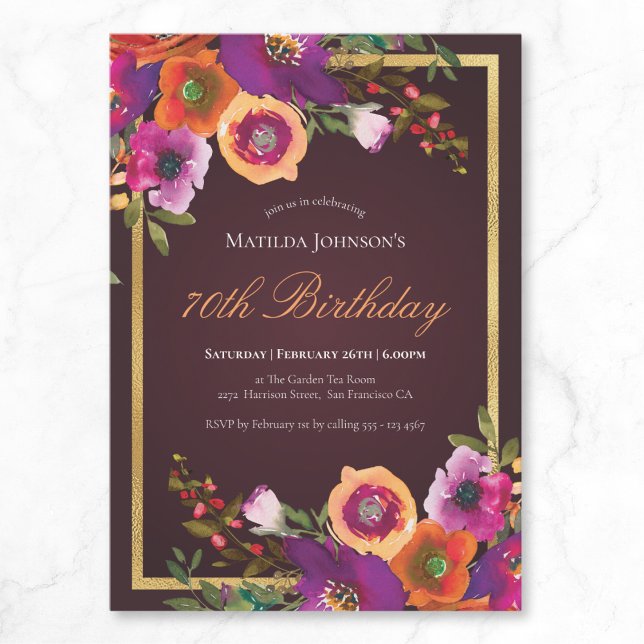 Convite 70 Floral Fall Burgundy (Floral Fall Burgundy 70th Birthday Party Invitation)