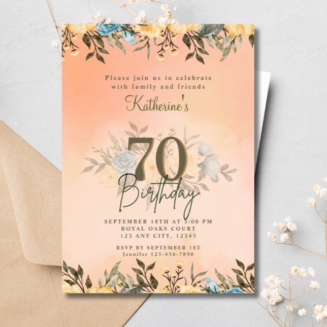 Convite 70 Floral Foliage Boho Watercolor Aniversário (Criador carregado)