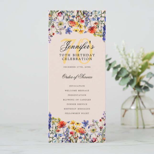 Convite 70 Floral - Obrigados do menu do programa de anive (Em pé/Frente)