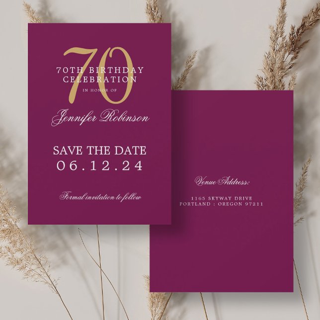Convite 70 Magenta Dourada Aniversário Guarde a Data (Gold Magenta 70th Birthday Save the Date Invitation)