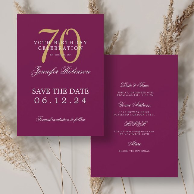 Convite 70 Magenta Dourada Aniversário Guarde os Detalhes  (Gold Magenta 70th Birthday Save the Date Details Invitation)