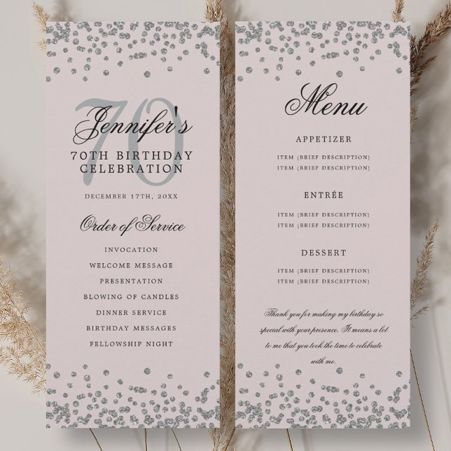 Convite 70 Menu do Programa de Aniversário Obrigado U Silv ( 70 Birthday Program Menu Thank U Silver Blush Pink)