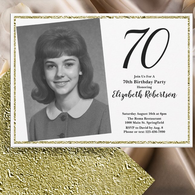 Convite 70 Personalizar Foto Branco e Dourado (Criador carregado)