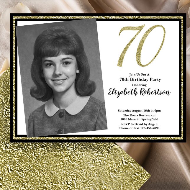 Convite 70 Personalizar Foto Branco Preto e Dourado (Criador carregado)