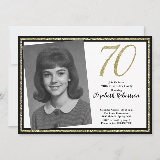 Convite 70 Personalizar Foto Branco Preto e Dourado (Frente)