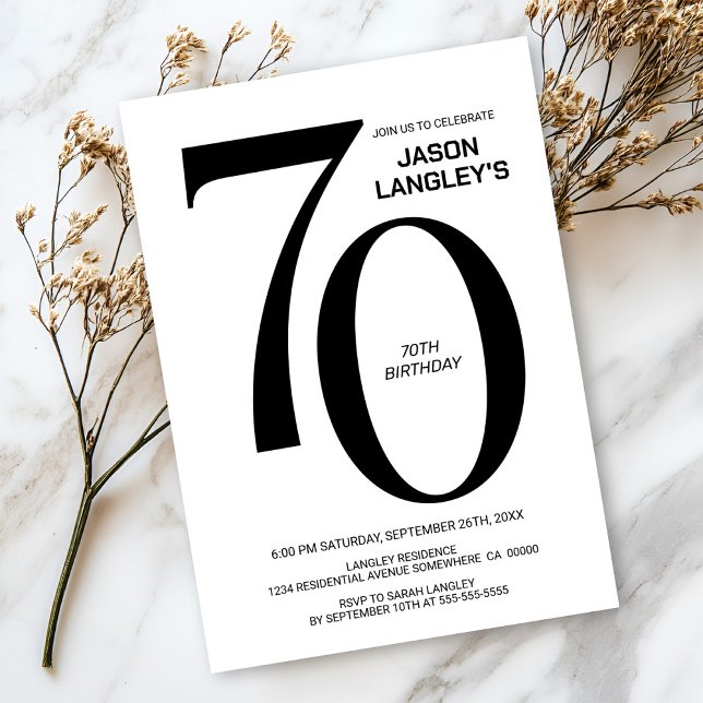 Convite 70 preto e branco moderno (Criador carregado)