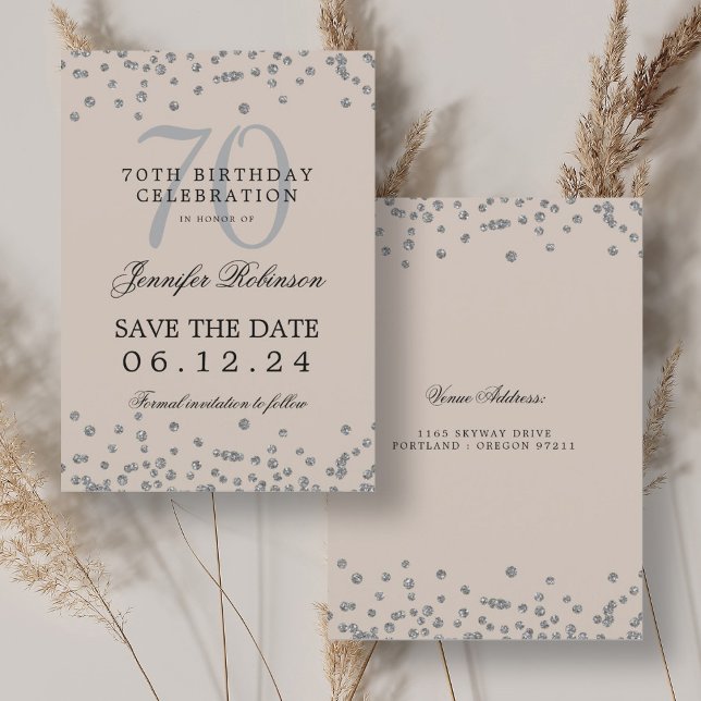 Convite 70 Silver Birthday Salvar Data Confetti Champagne (Silver 70th Birthday Save Date Confetti Champagne Invitation)