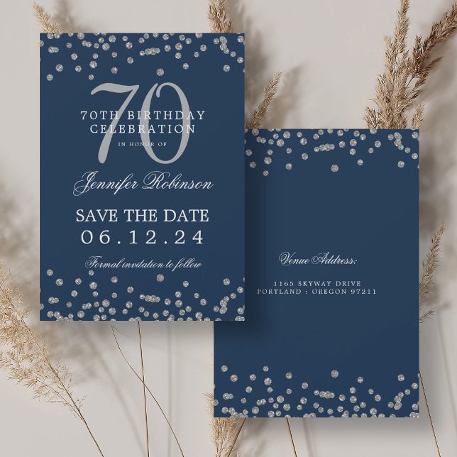 Convite 70 Silver Birthday Salvar Data e Marinho Confetti (Silver 70th Birthday Save Date Confetti Navy Invitation)