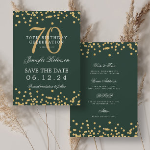 Convite 70 Verde Dourado Aniversário Guarde os Detalhes da