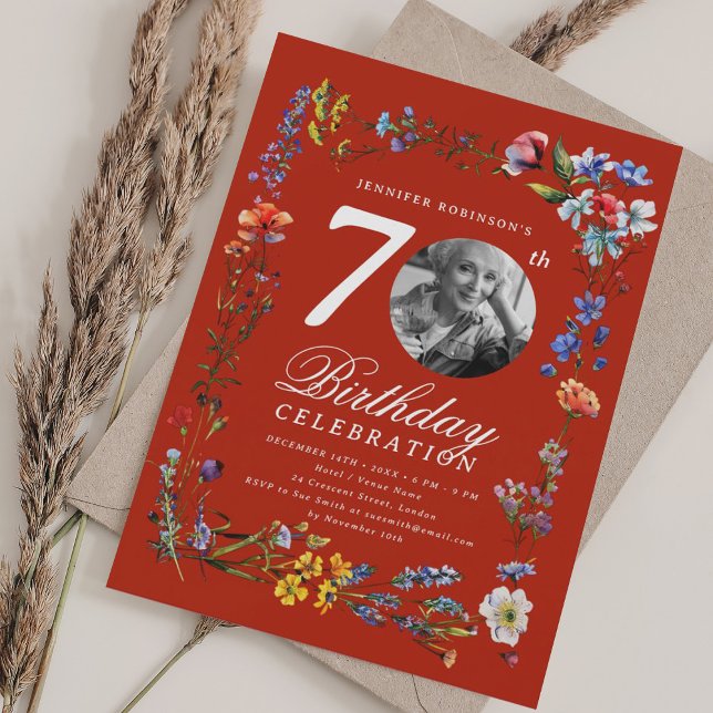 Convite 70 Vermelho de Foto Sombra de Flores Selvagens (Wildflower Meadow Photo 70th Birthday Party Red Invitation)