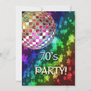 convite 70s com bola do disco e arco-íris da