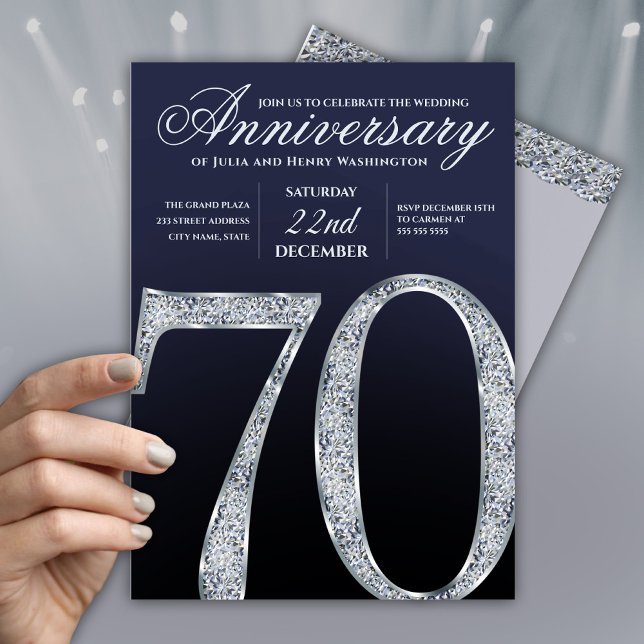 Convite 70th Anniversary Diamond Silver Navy Blue Modern (Criador carregado)