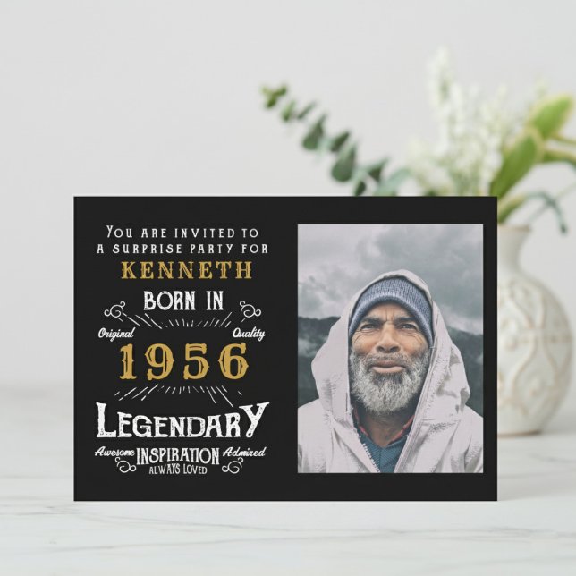 Convite 70th Birthday 1956 Vintage Black Gold Personalized (1956 birthday invitation. Blurred white background.)