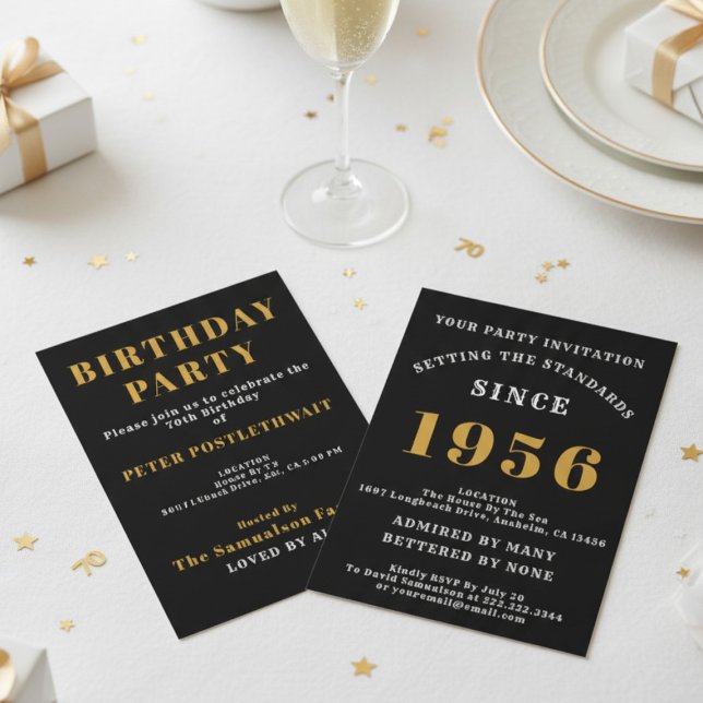 Convite 70th Birthday Add Name Year Black Gold For Him (1956 invite. White background. )
