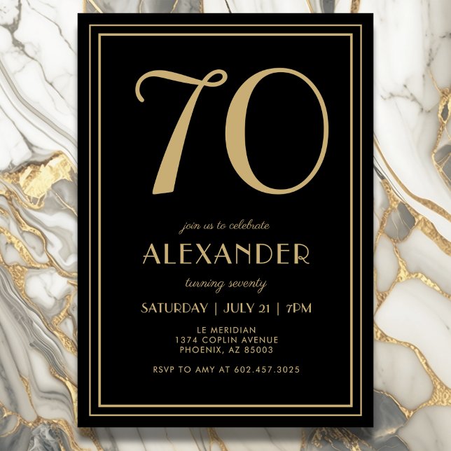Convite 70th Birthday Black and Gold Modern Minimal Adult (Elegant black and gold 70th birthday invitation design for him or her.)