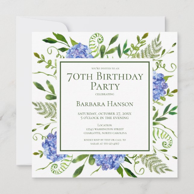 Convite 70th Birthday Blue Hydrangeas Card Request  (Frente)