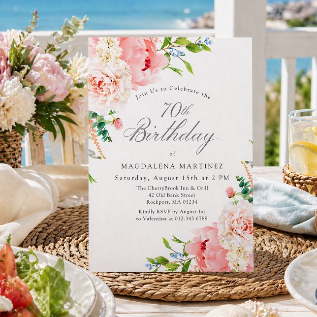 Convite 70th Birthday Party Feminine Pink Roses Floral (Criador carregado)