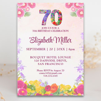 Convite 70th Birthday Party Floral Elegant Pink Design